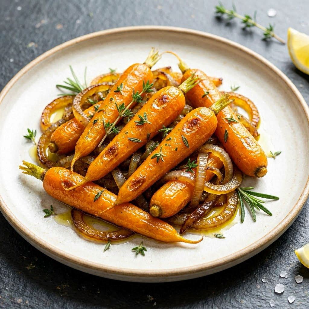 Golden roasted baby carrots glistening with olive oil, sprinkled with fresh thyme and rosemary, nestled among caramelized onions on a matte white ceramic plate, set against a dark slate background, captured in high-resolution food photography with soft diffused lighting, 85mm lens, shallow depth of field for a mouthwatering focus.