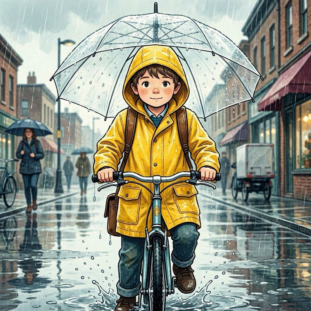 A cute cartoon school boy cycling under a transparent umbrella on a drizzly day, raindrops splashing around, reflective wet pavement, muted cool tones with pops of yellow from his raincoat, semi-realistic comic book style, close-up angle with shallow depth of field.