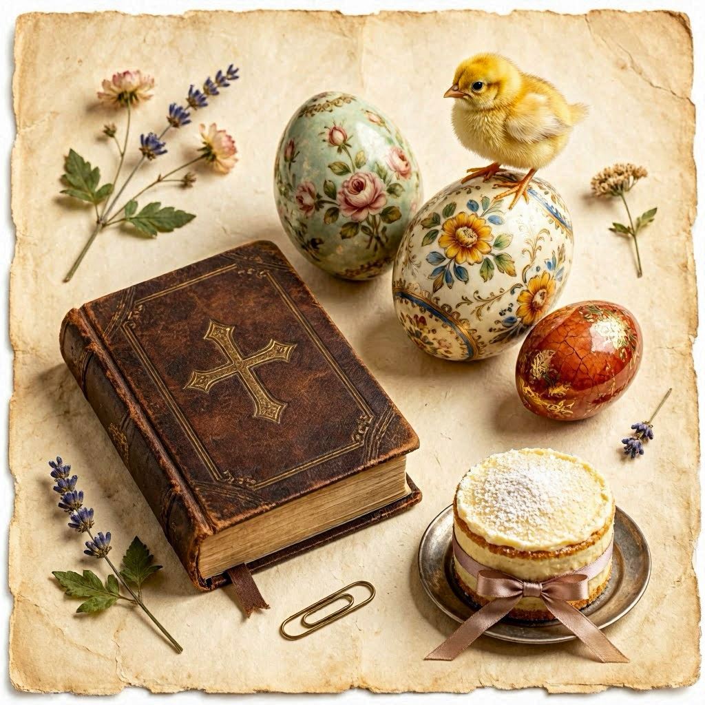 A vintage-style collage of Easter symbols featuring a cross-embossed book, ornate eggs with floral patterns, a cheerful chick perched on an egg, and a ribbon-tied cake, arranged on aged parchment with sepia tones, illuminated by warm ambient light, photographed with a 50mm lens for balanced composition.